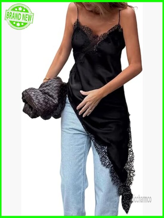 Dresses & Skirts - Satin Slip Mini Dress Lace Trim Asymmetrical Side Split Cami Tops Spaghetti